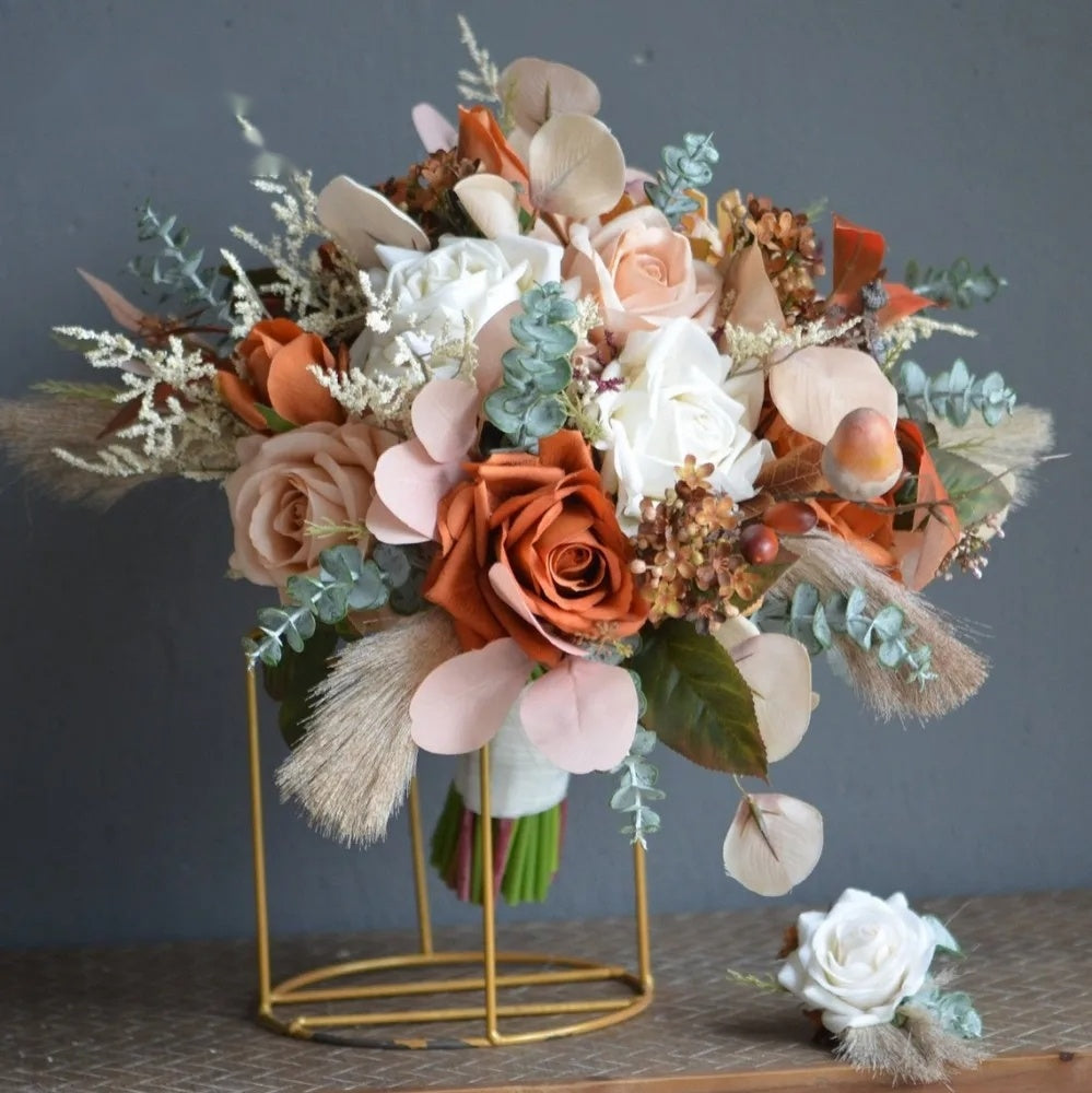 Terracotta Dream Bouquet & Boutonniere Set — Rust, Ivory & Blush Real Touch Florals