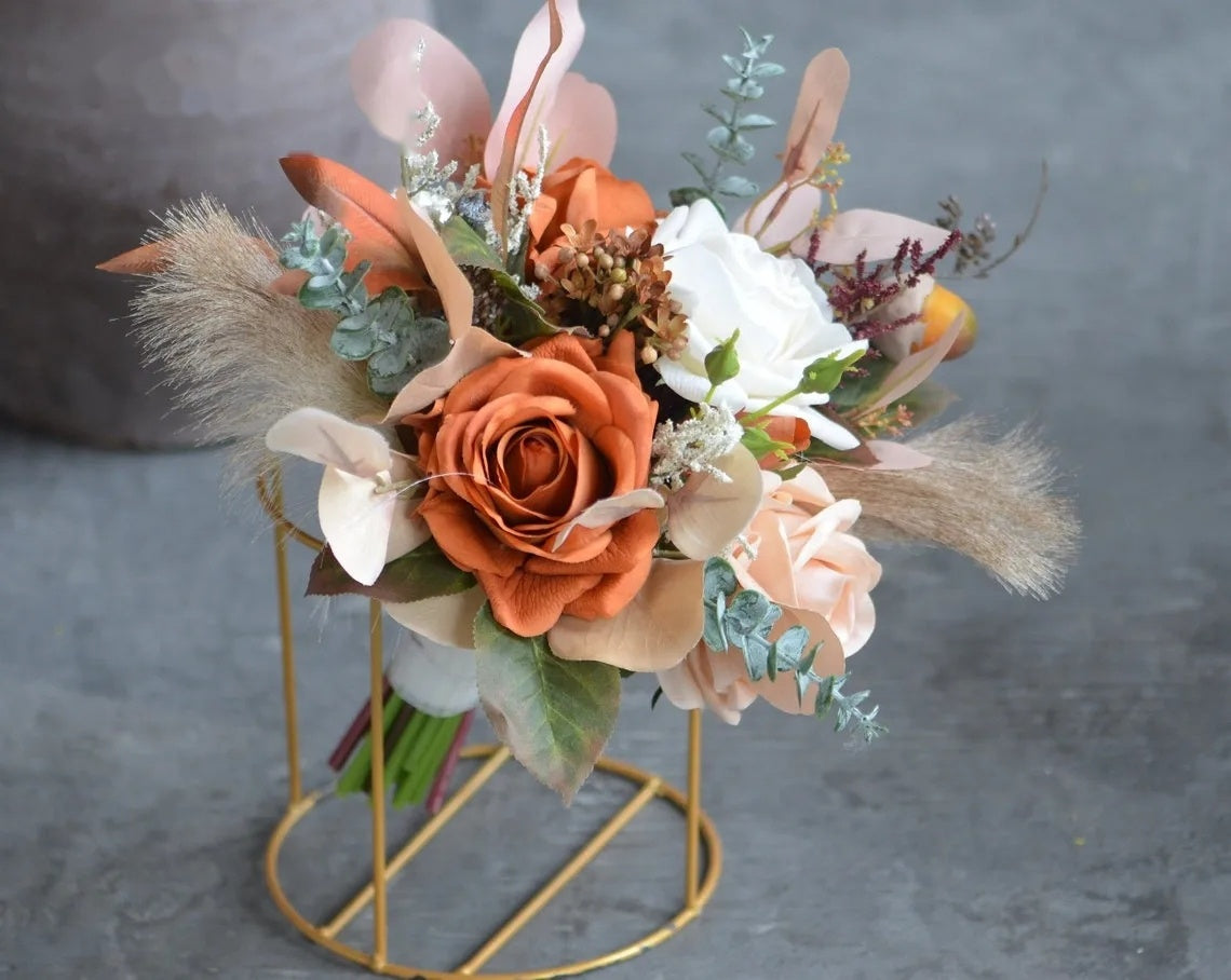 Terracotta Dream Bouquet & Boutonniere Set — Rust, Ivory & Blush Real Touch Florals